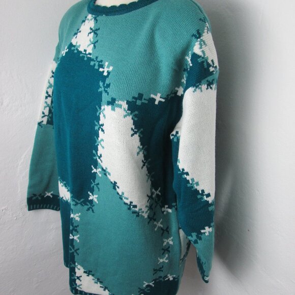 VINTAGE 90's Forenza Sweater Women's L Oversized Fit Green Teal Geometric - Picture 5 of 6